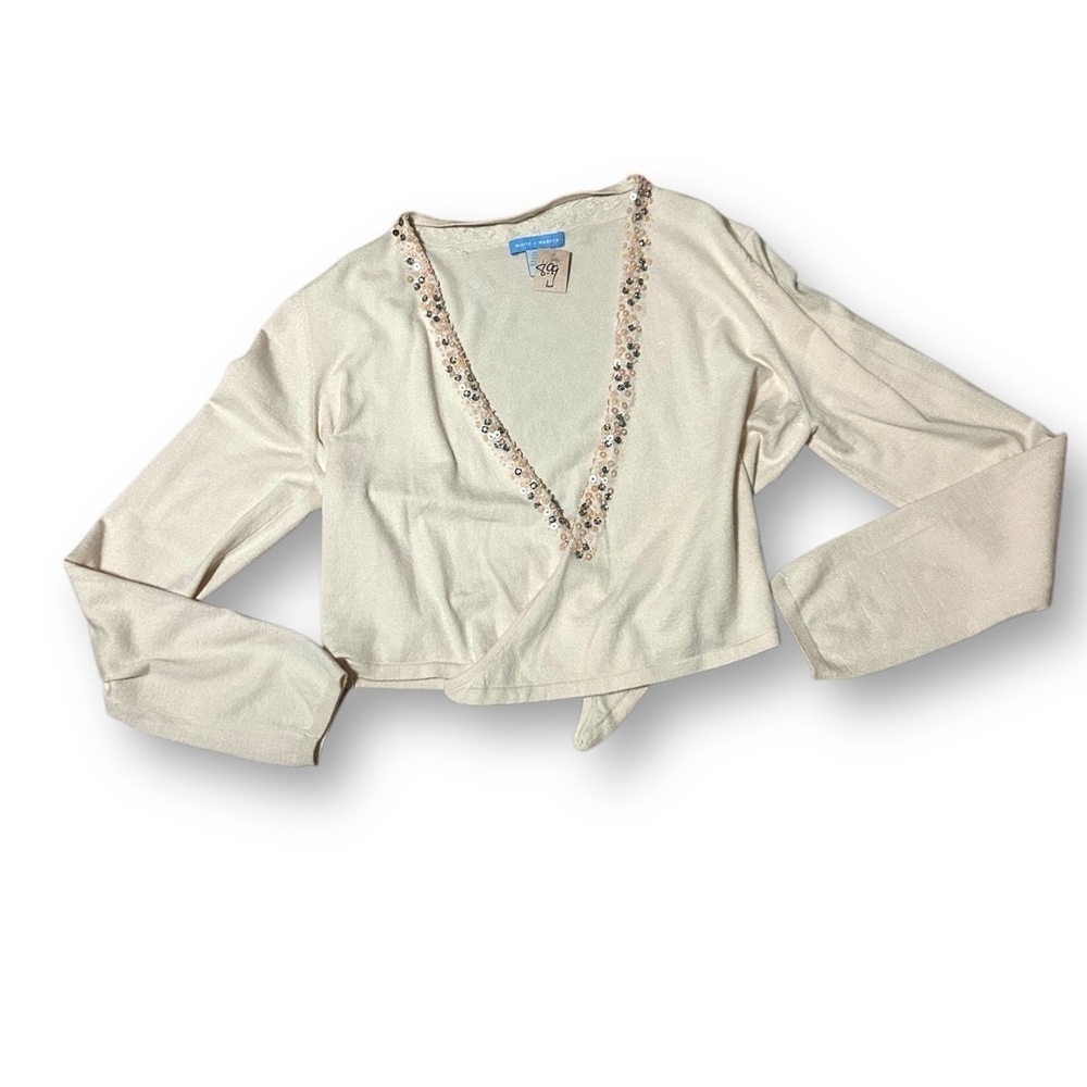 WHITE + WARREN V Neck Sweater Embellished Cream Silk Wool Blend Size Large